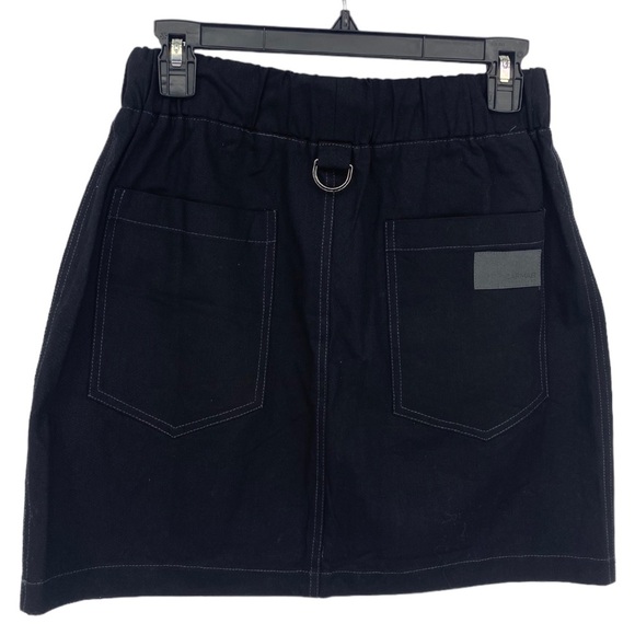 Carmar Denim Skirt US 8 Black Mini Pockets Silver Rings Elastic Drawstring Waist - Picture 2 of 10